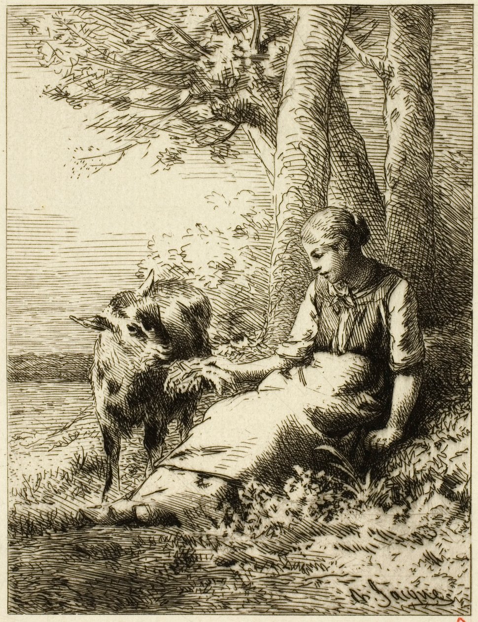 Pastýř se stádem ovcí na okraji dřeva od Charles Emile Jacque
