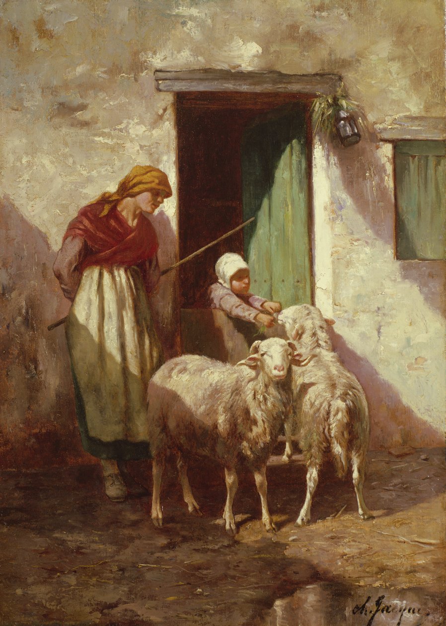 Pastýřka s dítětem a dvěma ovcemi od Charles Emile Jacque