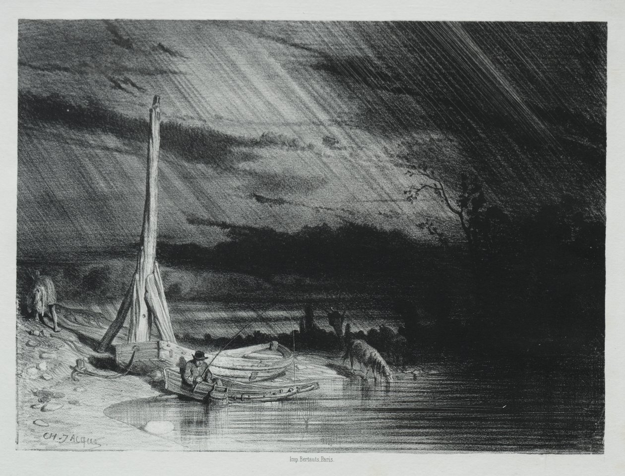 Rybář, deštivé počasí od Charles Emile Jacque