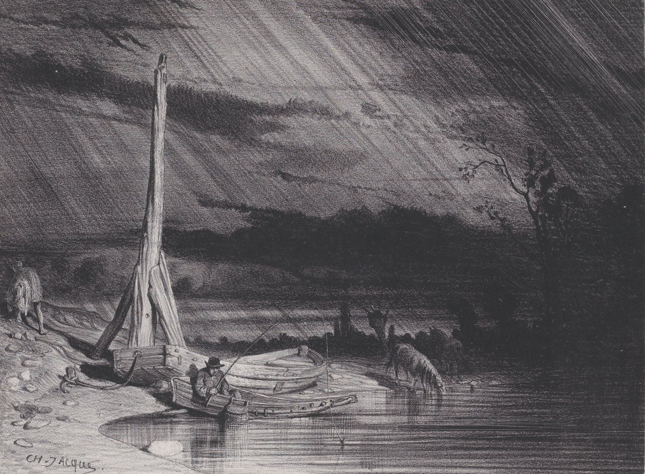Rybář, deštivé počasí, ca. 1853. od Charles Emile Jacque