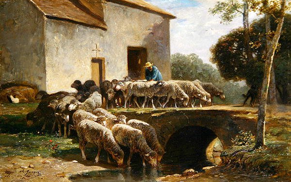 Stádo odchází (olej na desce) od Charles Emile Jacque