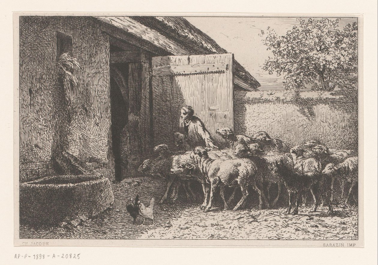 Žena vedoucí ovce do stáje Bergerie od Charles Emile Jacque