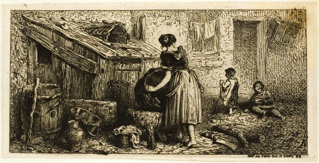 Žena mytí hrnců, s dětmi od Charles Emile Jacque