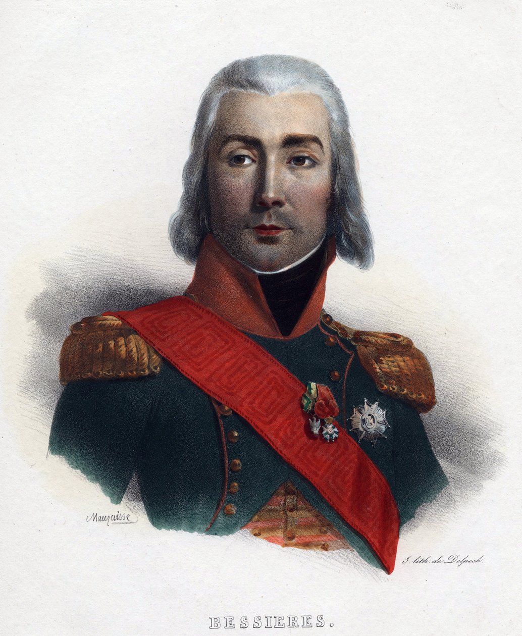 Portrét Jean Baptiste (Jean-Baptiste) Bessieres (1768-1813), maršál Francie - Mauraisse, Charles Emile (1799-1852) - 1835 - Litografie, akvarel - 32x24 - Soukromá sbírka od Charles Emile Mauraisse