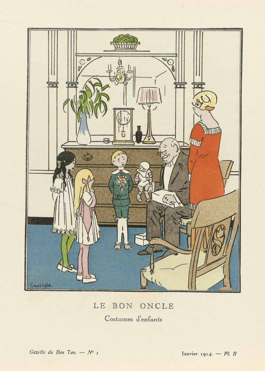 Dobrý strýc. Dětské kostýmy z La Gazette du Bon Ton, hospoda. 1914 (tisk šablony) od Charles Emile called Carlegle Egli