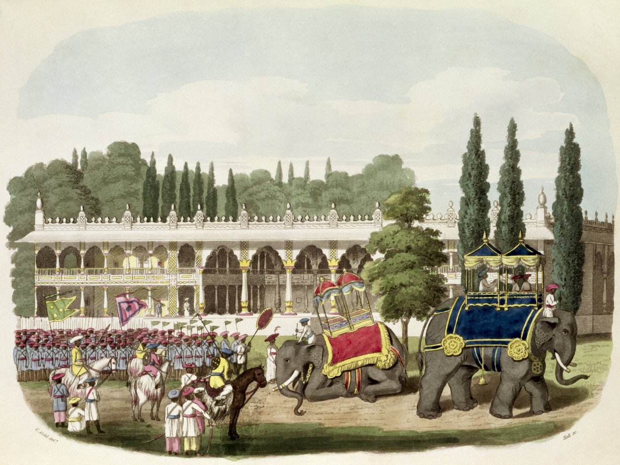 Palác Tippoo Sahib (1749-99) vyrytý Thomasem Hallem pro „Orientální kresby“, hospoda. 1806 (akvatinta) od Charles Emilius Gold