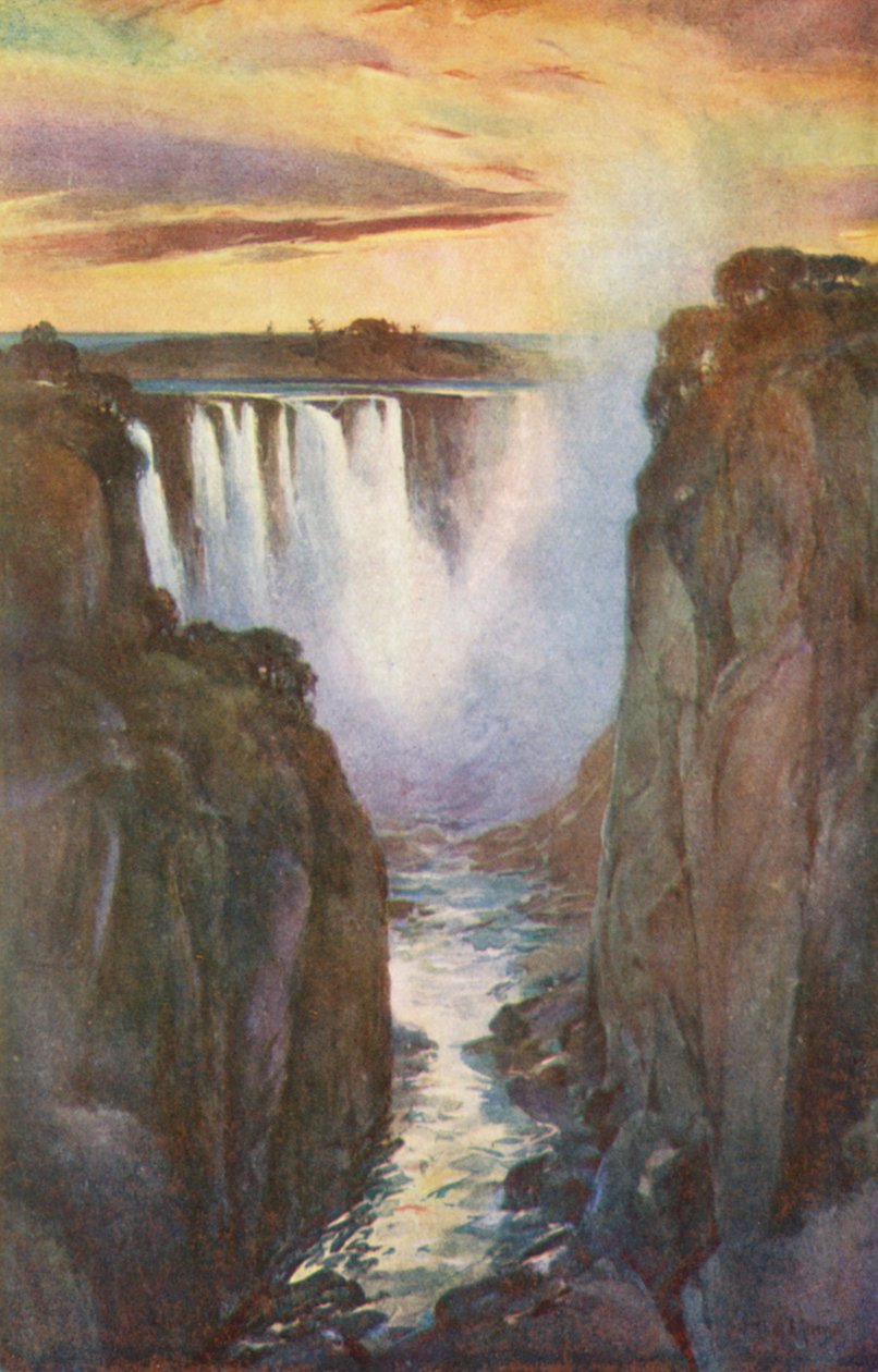 Viktoriiny vodopády, hlavní vodopád v soutěsce (barevná litografie) od Charles Ernest Peers
