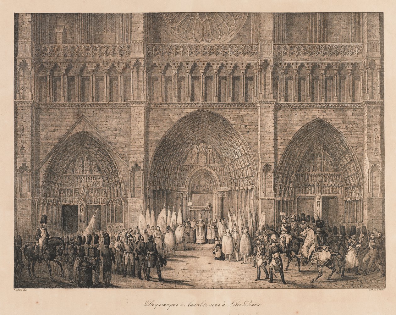 Vlajky přijaté ve Slavkově přijaté v Notre Dame, začátek 19. století (litho) od Charles Etienne Pierre Motte