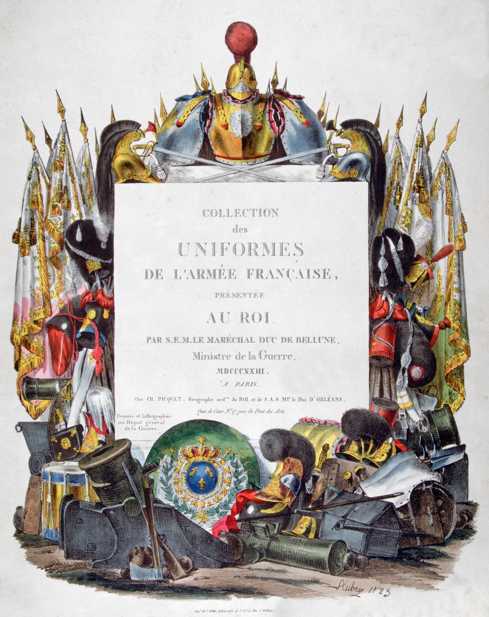 Frontispis sbírky uniforem francouzské armády představený králi v roce 1823. od Charles Etienne Pierre Motte