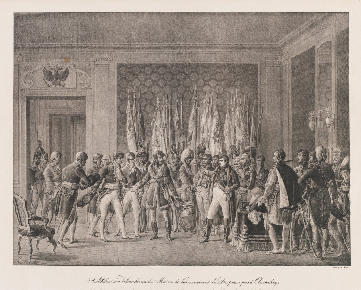 Maires of Paris přebírající vlajku Slavkova, začátek 19. století (litho) od Charles Etienne Pierre Motte