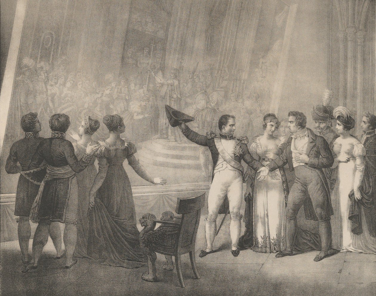 Napoleon a Josephine na návštěvě v Davidově studiu, 4. ledna 1808, ca. 1820-30. od Charles Etienne Pierre Motte