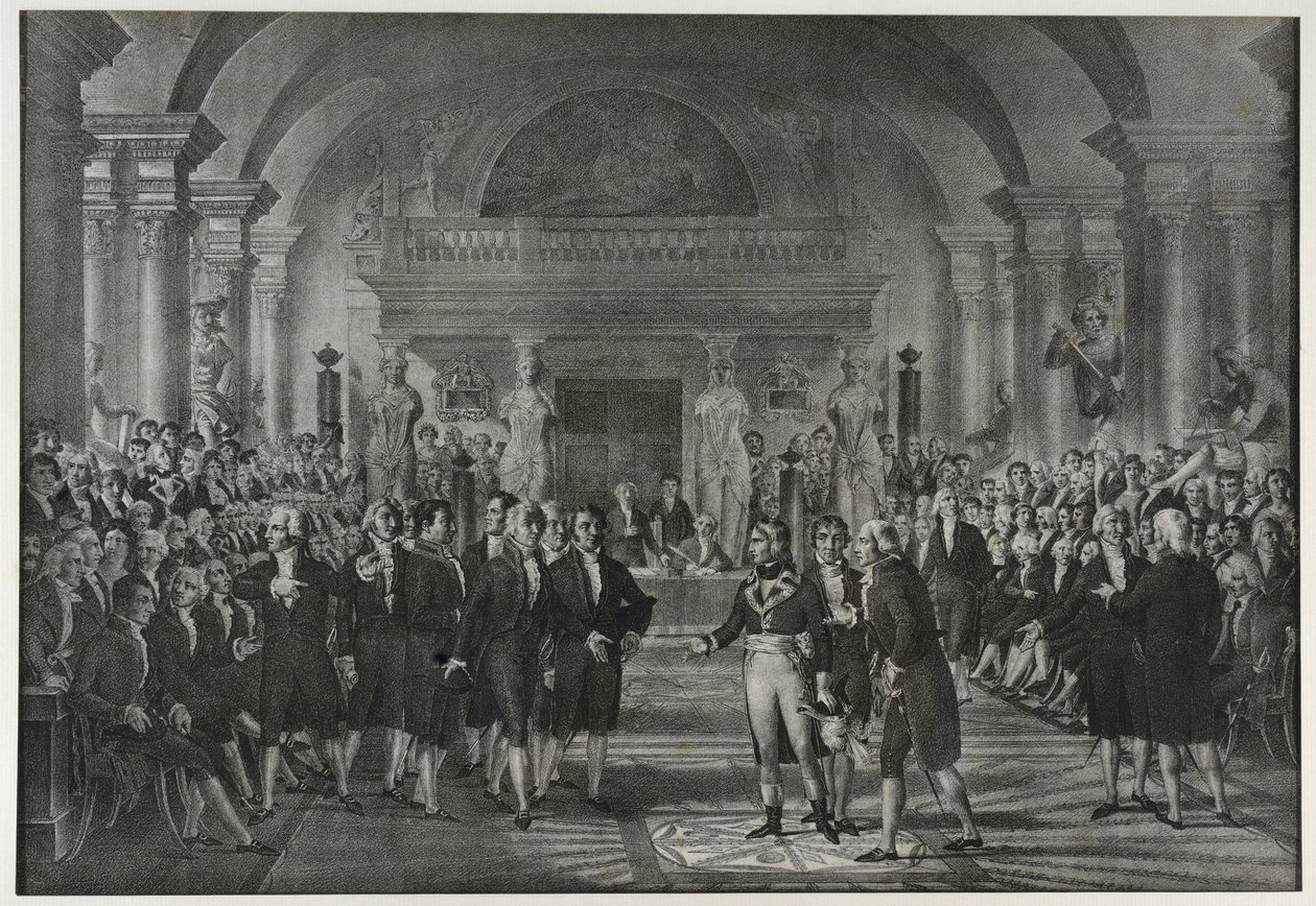 Přijetí Napoleona Bonaparta v ústavu, třída fyziky a matematiky, sekce strojních umění 25. prosince od Charles Etienne Pierre Motte
