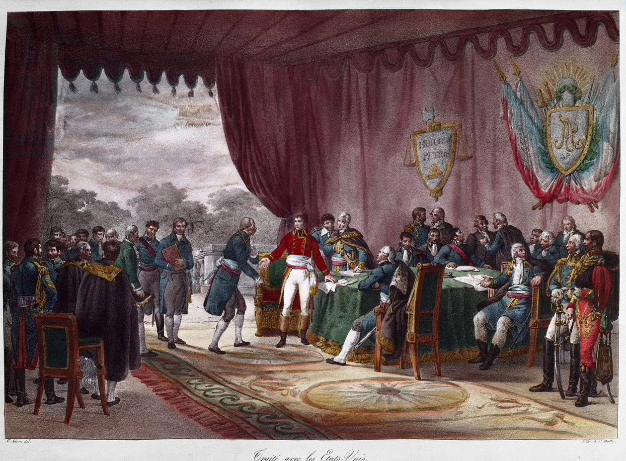 Podepsání smlouvy z Mortefontaine, 30. září 1800 - mezi Josephem Bonapartem (1768-1844) a Spojenými státy; prodej Louisiany Americe - Signature du Treat de Mortefontaine dne 30. 9. 1800, během kterého Francie (zastoupená Josephem Bo od Charles Etienne Pierre Motte