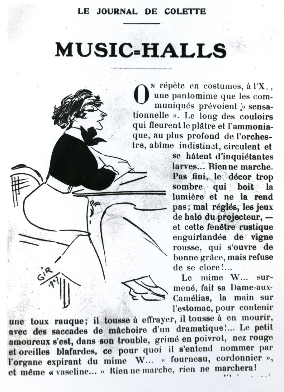 Karikatura Colette z její eseje o Music-Halls ve Vrilles de la Vigne, publikované v La Vie Parisienne, Paříž, 1908 od Charles Felix Gir