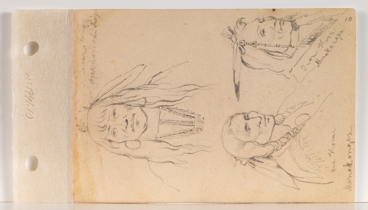 Portréty Mato Chuthuhu (medvědí žebro), Ha won je tah (jeden roh/osamělý roh) a Heh Mah Zah (železný roh) (list 10 recto) od Charles Ferdinand Wimar