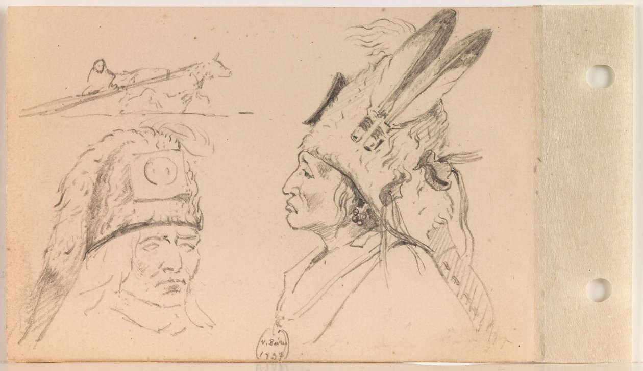 Studie Palaneapape (Struck-by-Ree nebo Struck-by-Arikara) a Dog Travois (list 21 verso) od Charles Ferdinand Wimar