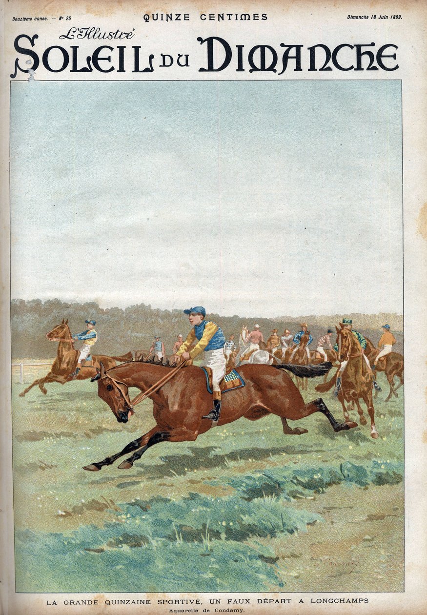 Koňský dostih: „“ Velký sportovní forzaine: falešný start na dostihovém závodišti Longchamps““. Akvarel od Condamy Engraving v „“Le sun-du-dimanche“, 18. června od Charles Fernand de (after) Condamy
