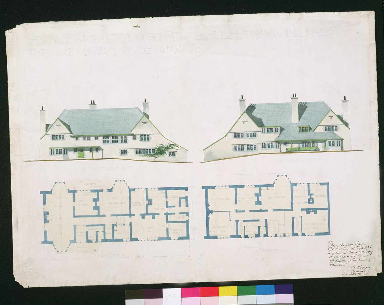 Dům, který má být postaven v Gartmel Fell Gillhead, Windermere pro J.W. Buckley Esquire, 1899 (wc a tužka na papíře) od Charles Francis Annesley Voysey
