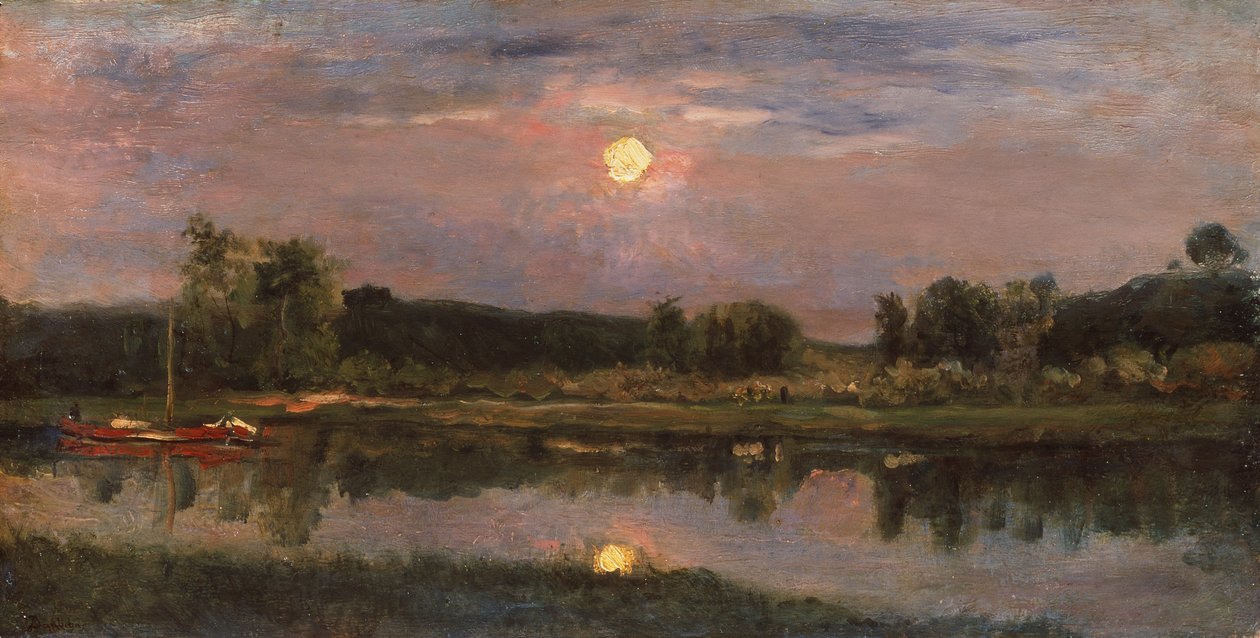 A Moonlit River Landscape, cca 1855 (olej na palubě) od Charles Francois Daubigny
