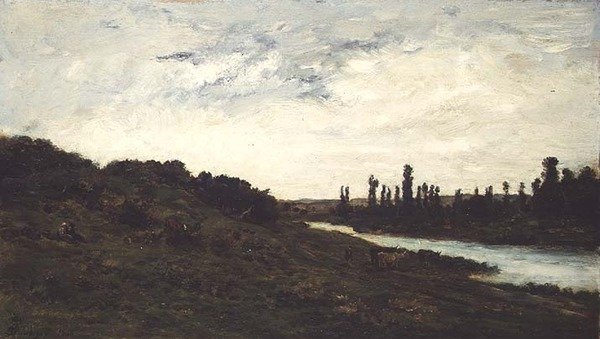 Pastevci a dobytek v zalesněné říční krajině od Charles Francois Daubigny