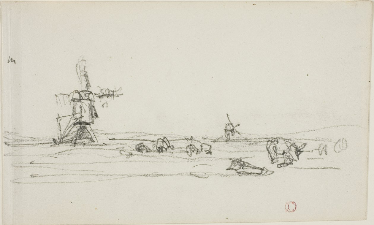 Krajina v Holandsku (recto); skica větrných mlýnů u vody (verso) od Charles Francois Daubigny
