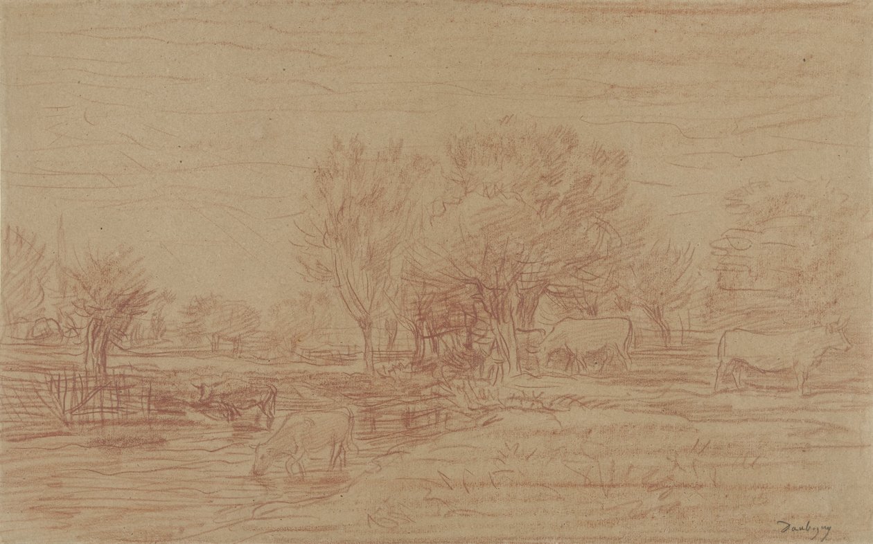 Krajina s pasoucími se a pijícími krávami a pozorujícím býkem od Charles Francois Daubigny