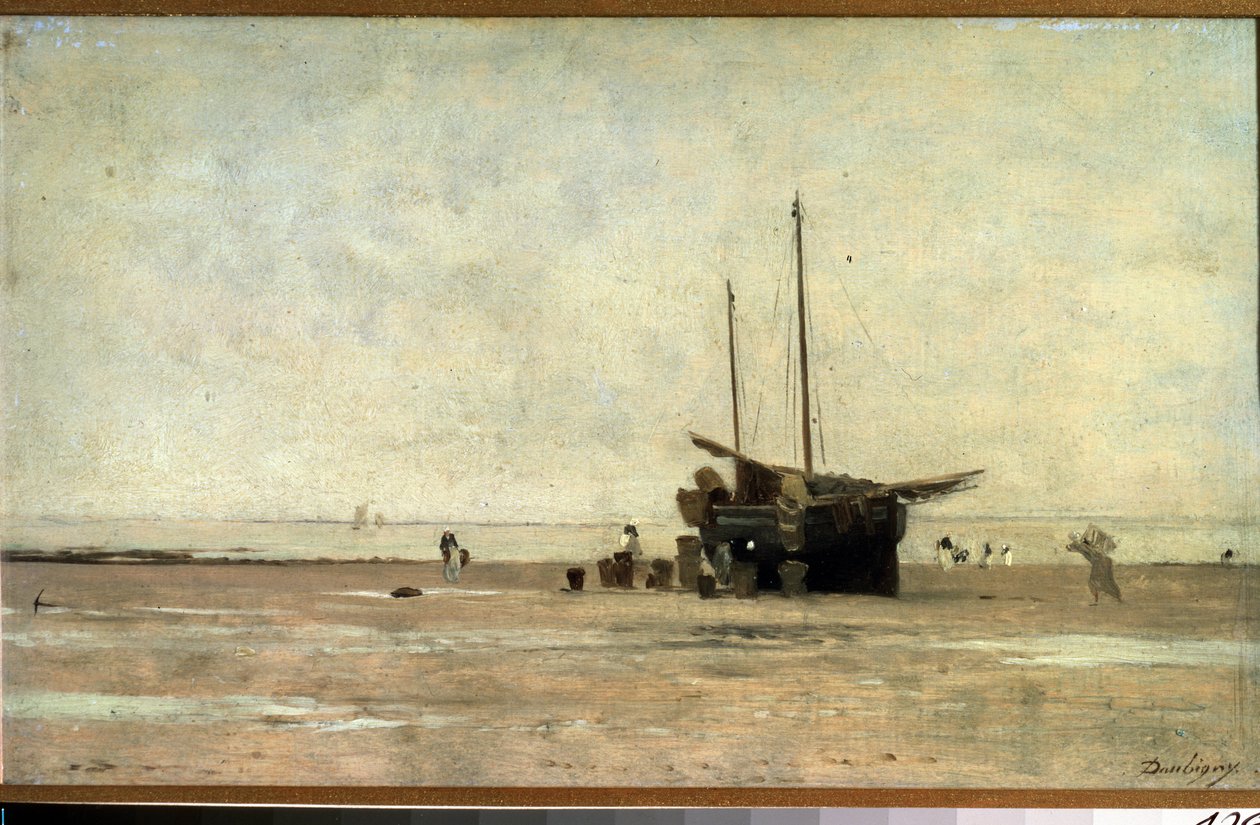 ""Přímořská krajina"" Plachetnice na písku při odlivu. Obraz Charles Francois Daubigny (1817-1878) 1868-1872 Puškinovo muzeum, Moskva od Charles Francois Daubigny