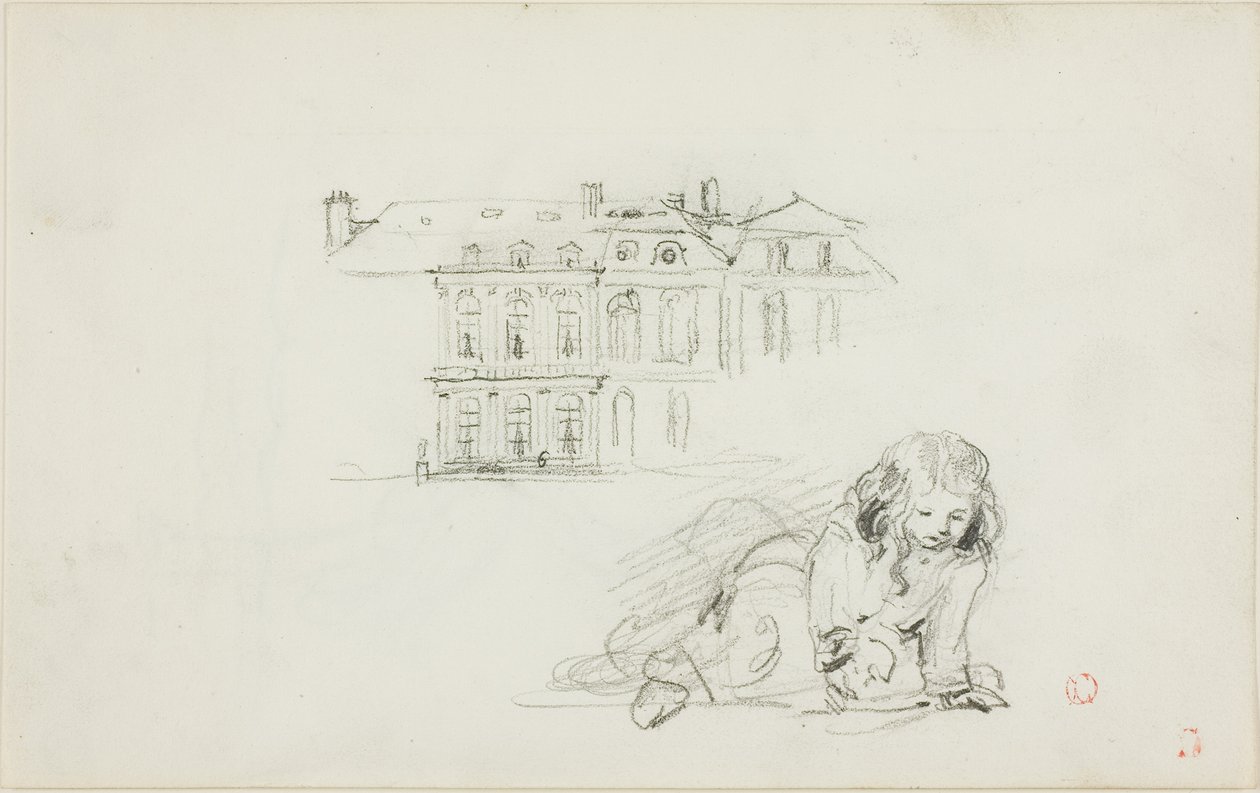 Náčrtky: Hotel de Ville, Tours a hrající si dívka (recto); čáp (verso) od Charles Francois Daubigny
