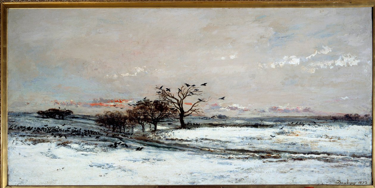 Sněhová krajina v zapadajícím slunci. Obraz Charles Francois Daubigny (1817-1878) od Charles Francois Daubigny