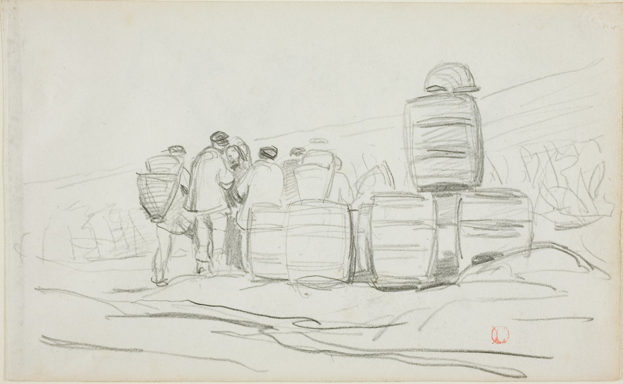 Studie skupiny lidí se sudy (recto); dvě studie ženy při sběru (verso) od Charles Francois Daubigny
