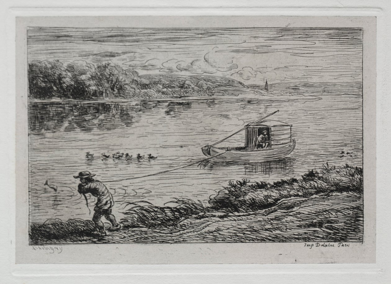Výlet lodí: Palubní chlapec vytahující vlečné lano nebo tažení lanem, 1861. od Charles Francois Daubigny
