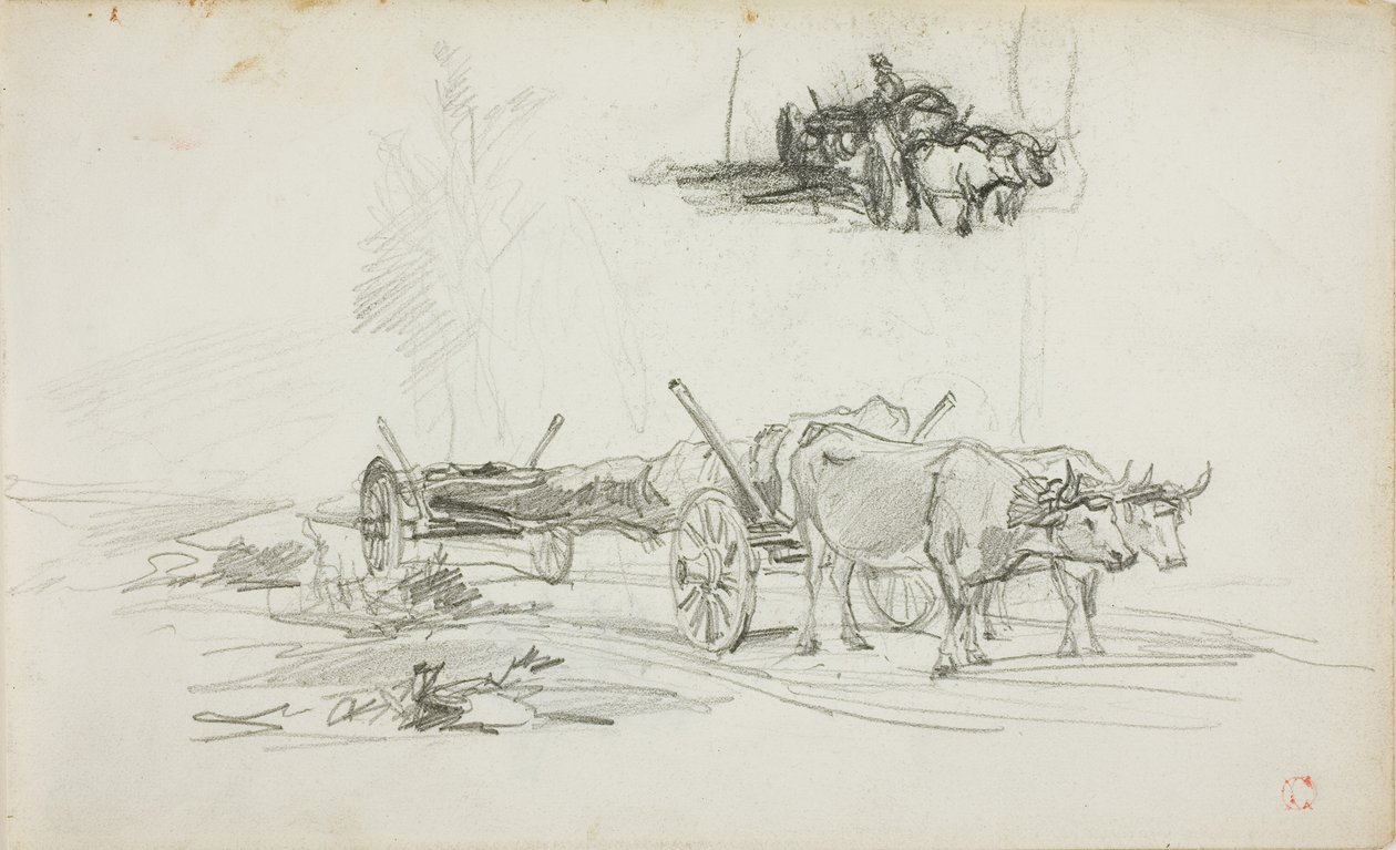 Dva náčrty volů táhnoucích kládu od Charles Francois Daubigny