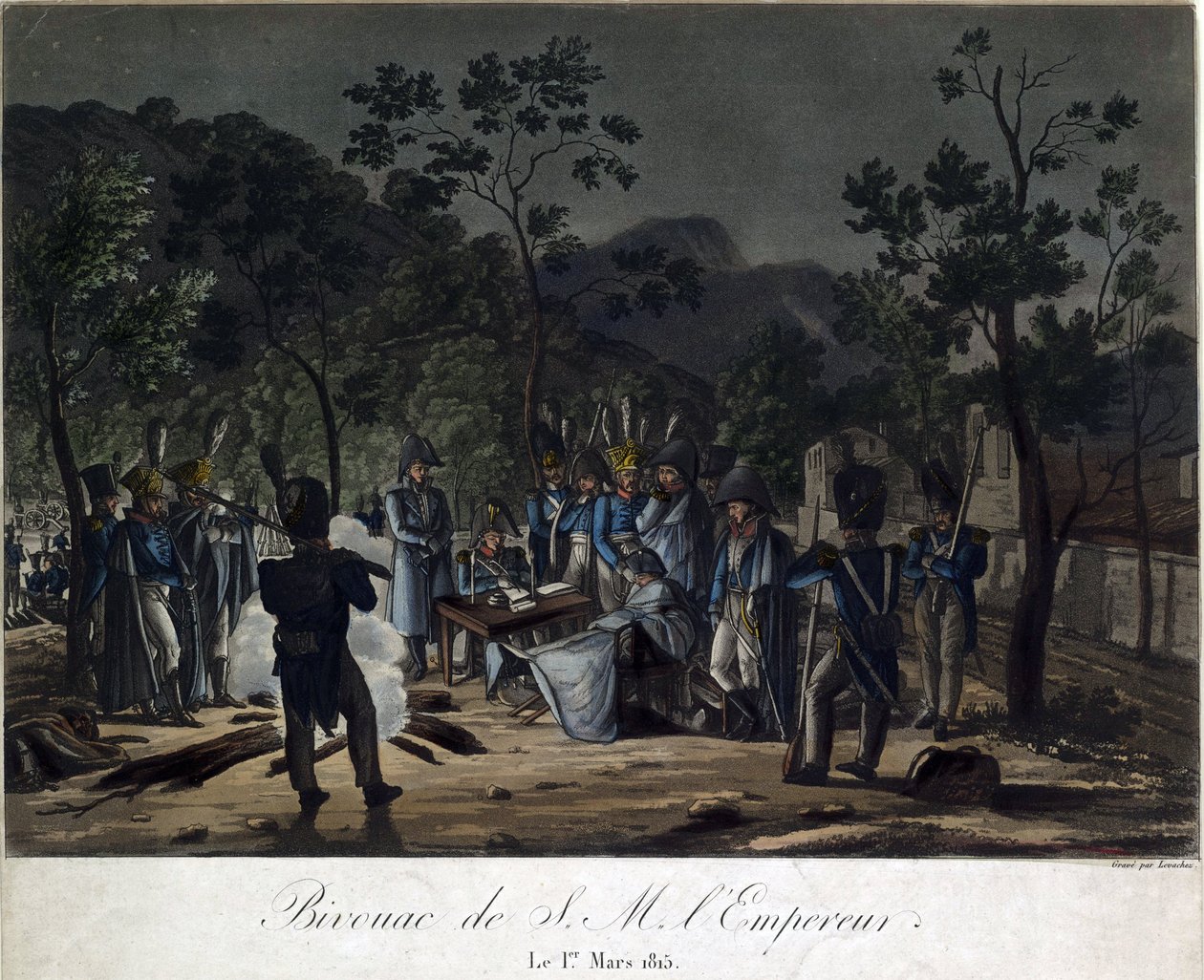 Návrat Napoleona z Elby. Napoleonův bivak v Golfe-Juan dne 1. března 1815 - Levachez, Charles Francois Gabriel (aktivní 1760-1820) - 1815 - Aquatinta - 29,5x30 - Soukromá sbírka od Charles Francois Gabriel Levachez