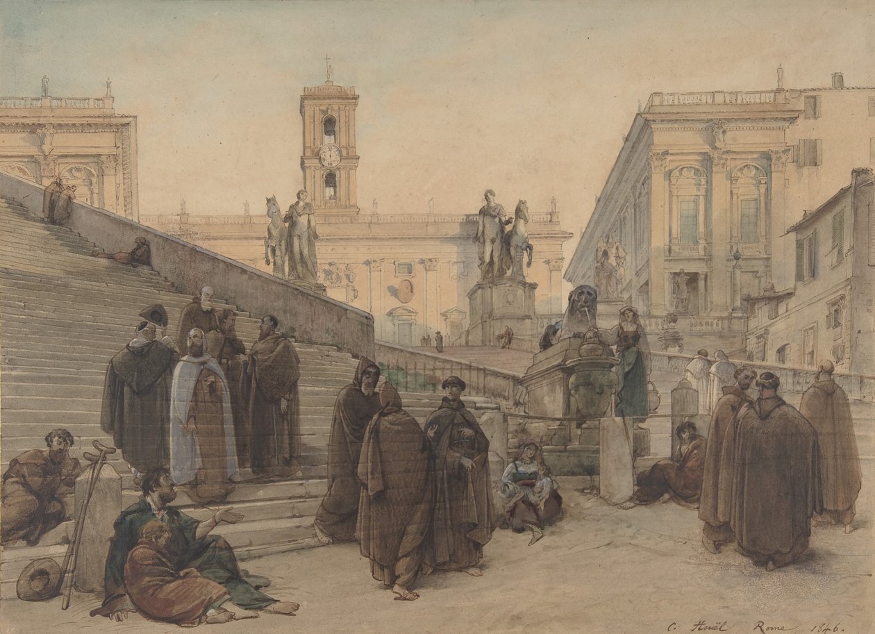 Campidoglio při pohledu ze schodiště kostela Aracoeli, Řím, při západu slunce, 1846. od Charles Francois Houel