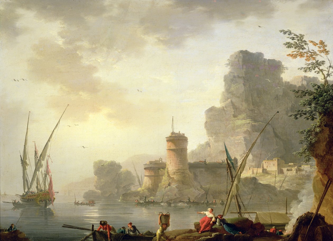 Středomořská přístavní scéna při západu slunce od Charles Francois Lacroix de Marseille