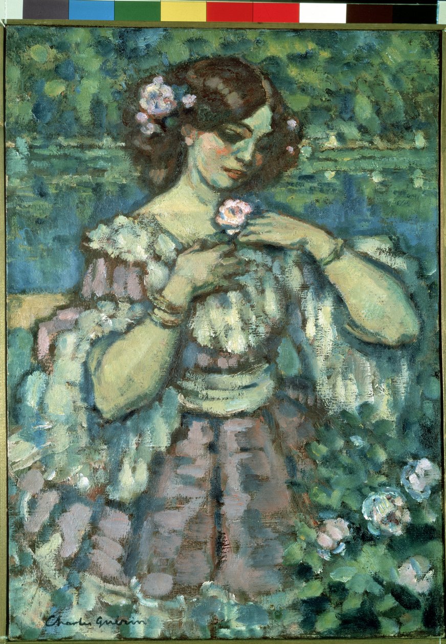 Dívka s růží. Obraz Charlese Guerina (1875-1939) od Charles Francois Prosper Guerin
