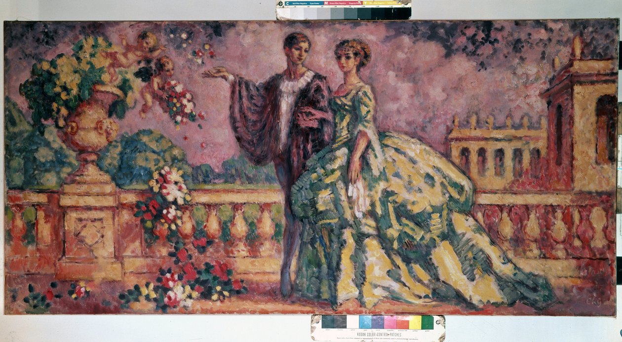""La promenade"" (procházka) Galantní scéna představující pár (19. století) procházející se v uličce parku. Malba Charlese Guerina (1875-1939) 1911 Rozměr 73,4 x 92,3 cm Muzeum Ermitáže, Petrohrad (Saint-Petersburg) DR od Charles Francois Prosper Guerin