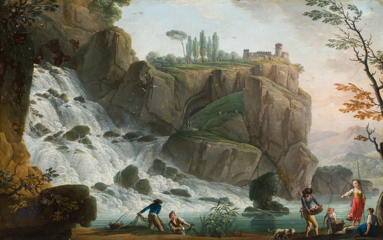 Skalnatá krajina s postavami u vodopádu (olej na plátně) od Charles François Grenier de (attr.to) Lacroix