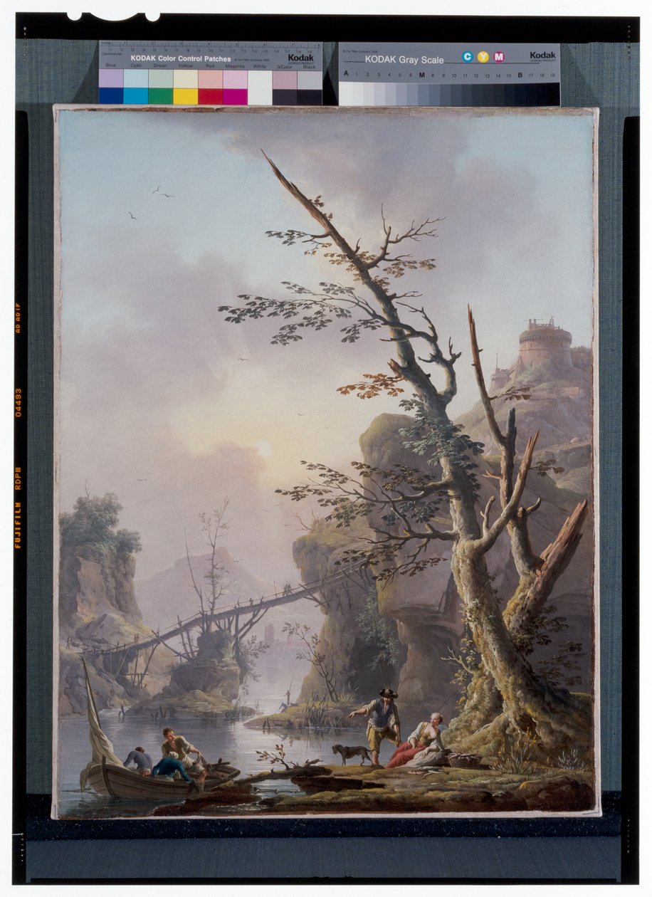 říční krajina s rybáři, kteří dohánějí své sítě od Charles François Grenier de Lacroix