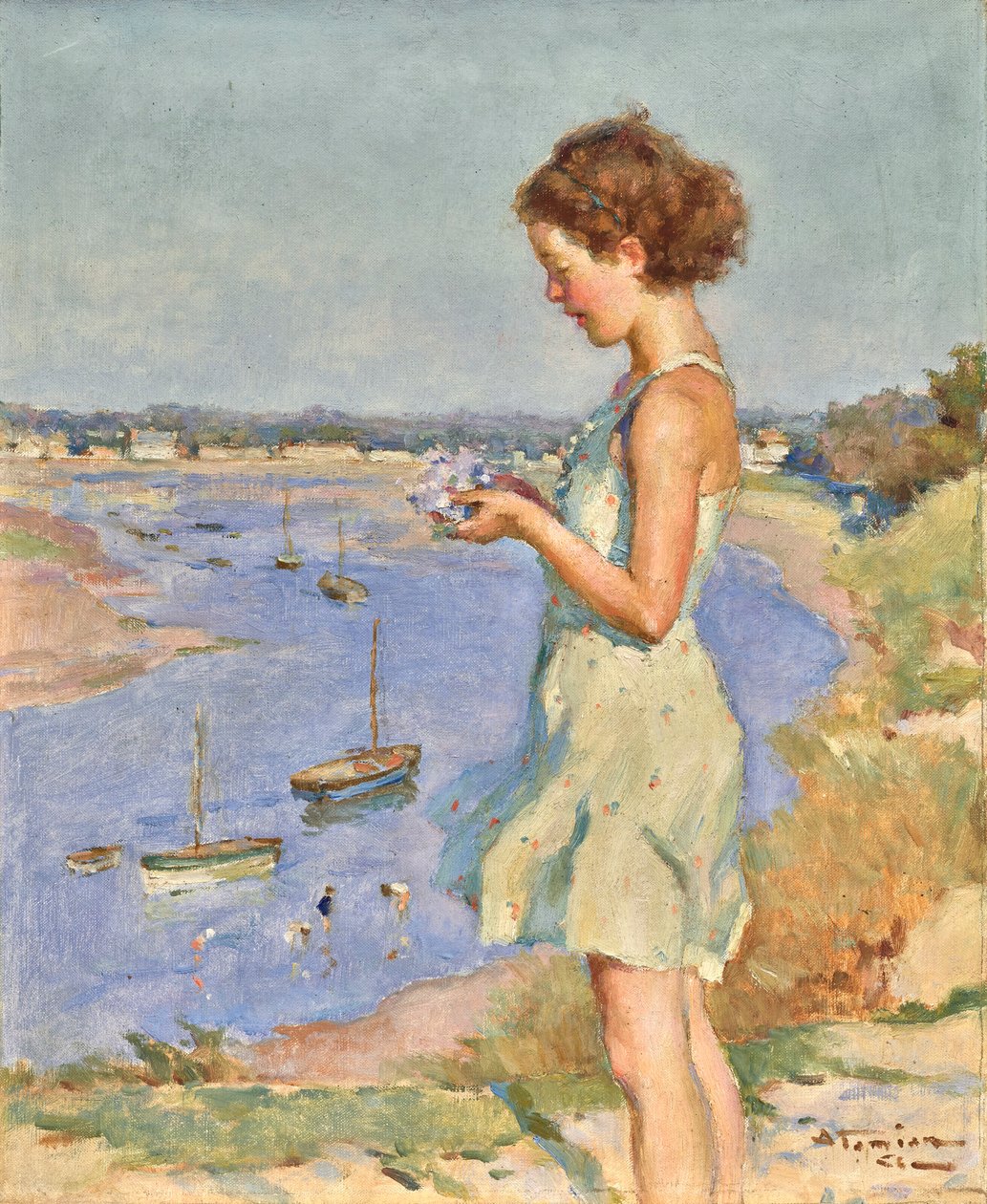 Mladá dívka s modrou hortenzií, Saint-Gilles-Croix-de-Vie od Charles Garabed Atamian