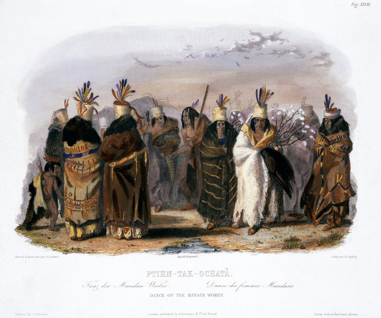 „Ptihn-Tak-Ochata, tanec mandanských žen“, 1843 od Charles Geoffroy