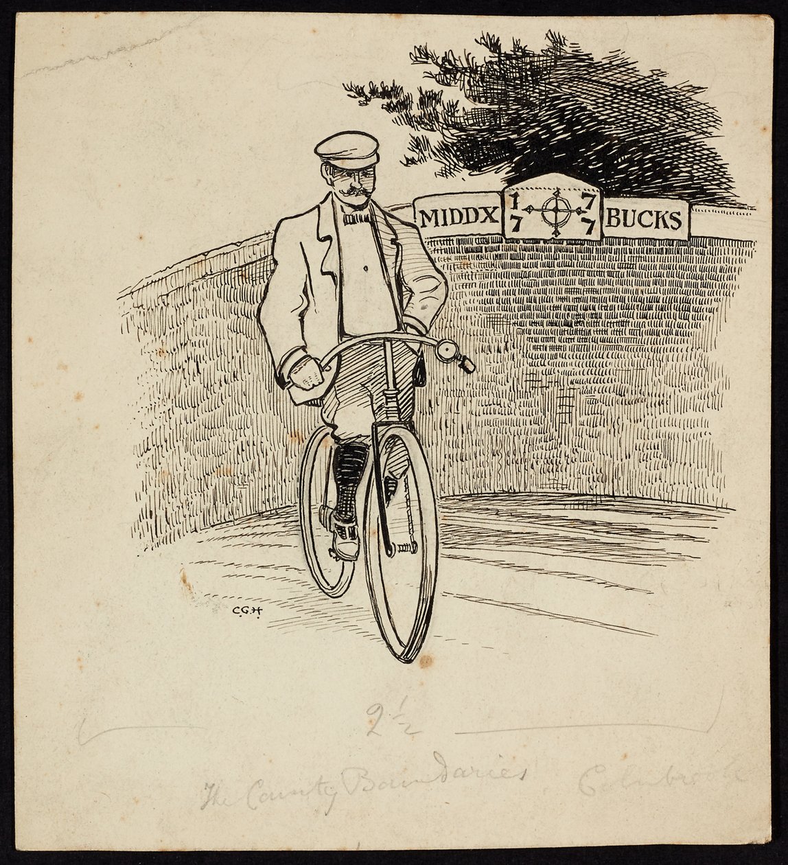 Muž na kole před cedulí označující hranici mezi Middlesex a Buckinghamshire od Charles George Harper