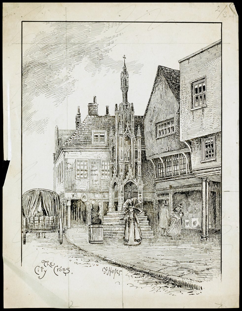 Pohled ze severozápadu na Butter Cross, High Street, Winchester, Hampshire (pero a inkoust na papíře) od Charles George Harper