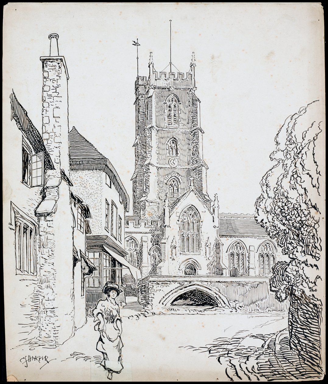 Pohled z jihu na převorský kostel svatého Jiří, Dunster, Somerset od Charles George Harper