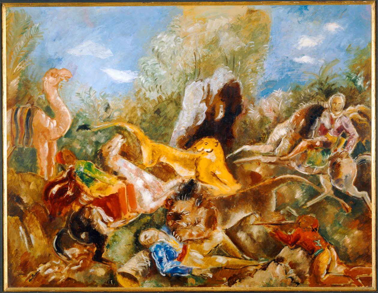 La chasse au lion - Hon na lva ... (olej na papíře) od Charles Georges Dufresne
