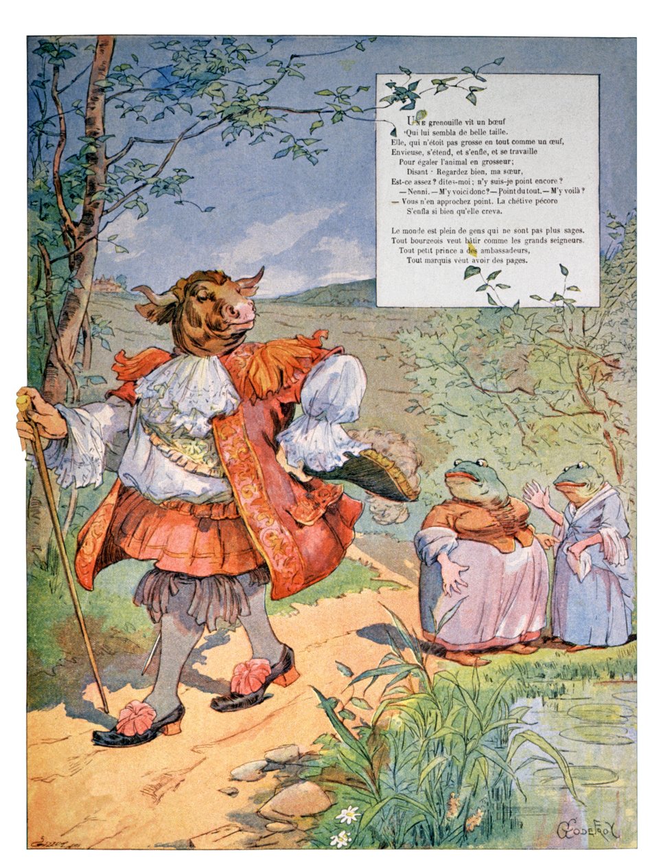 Žába, která chtěla být velká jako vůl, kolem roku 1900 (rytina) od Charles Gillot