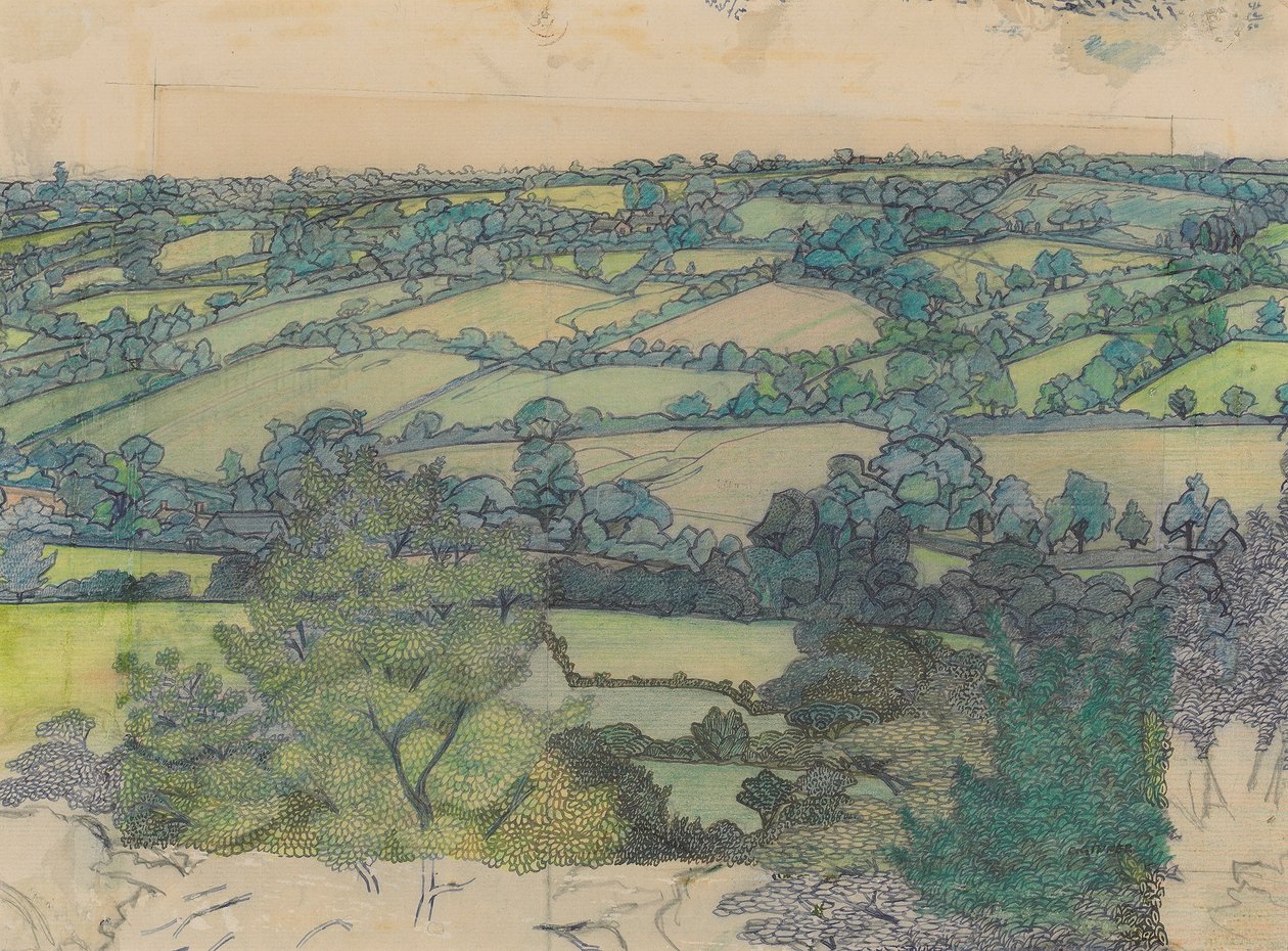 Applehayes, cca 1912 (tužka, pastelka, pero a modrý inkoust na papíře) od Charles Ginner
