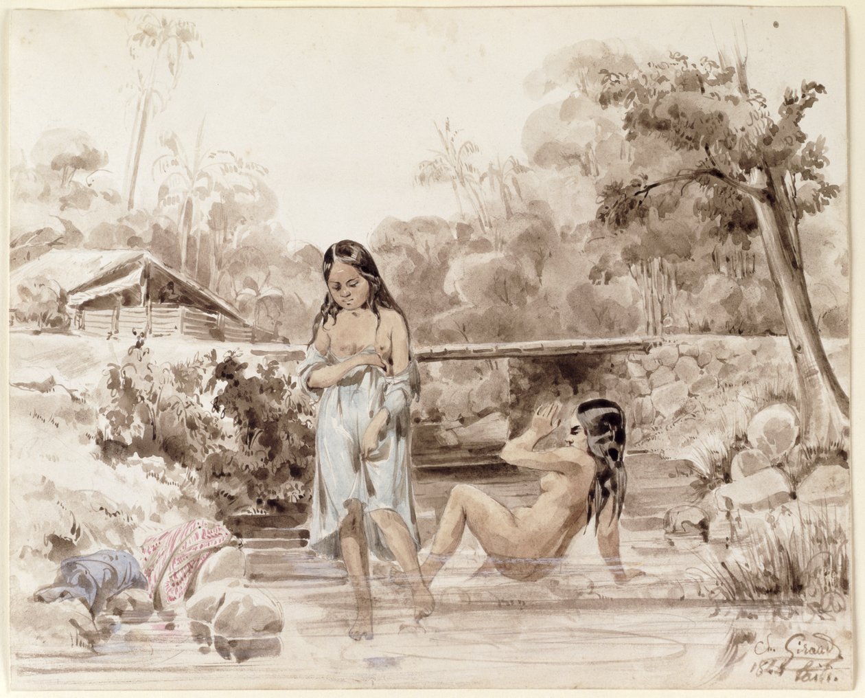 Tahitians Bathing, 1844 (pero a mytí na papíře) od Charles Giraud