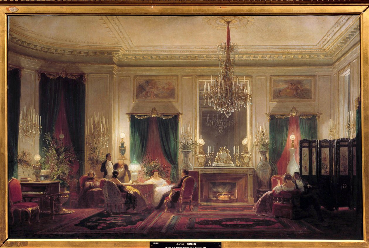 Salon princezny Mathilde Letizia Bonaparte (1820-1904), rue de Courcelles Obraz Sebastiena Charlese Girauda (1819-1892) 1859 ne. 0,63x1m. Compiegne, hradní muzeum - Uvnitř sídla princezny Mathilde Letizia Bonaparte (1820-1904), Rue od Charles Giraud