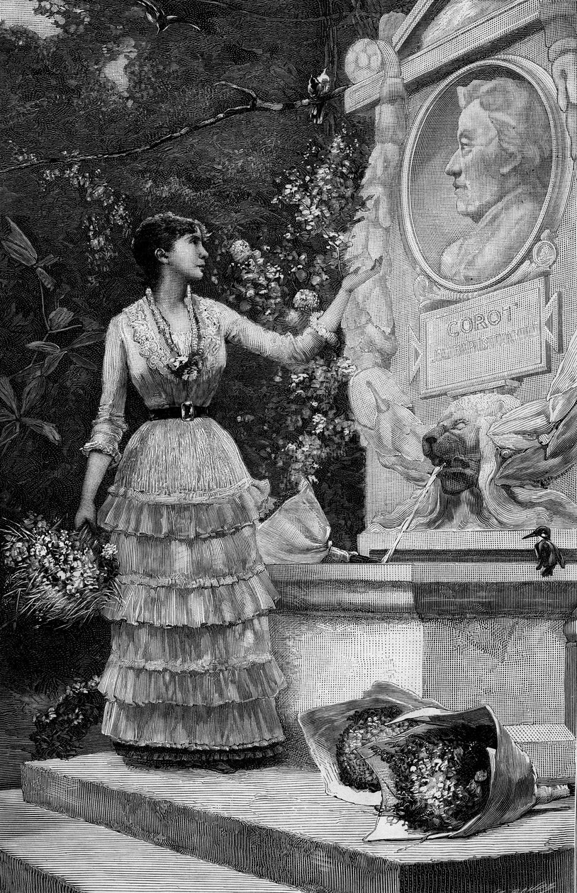 Paní Blanche Baretta (Baretta) (nar. 1855) z Comedie Francaise, pronášející verše pana Francoise Coppeeho, před Corotovým pomníkem ve Ville d
